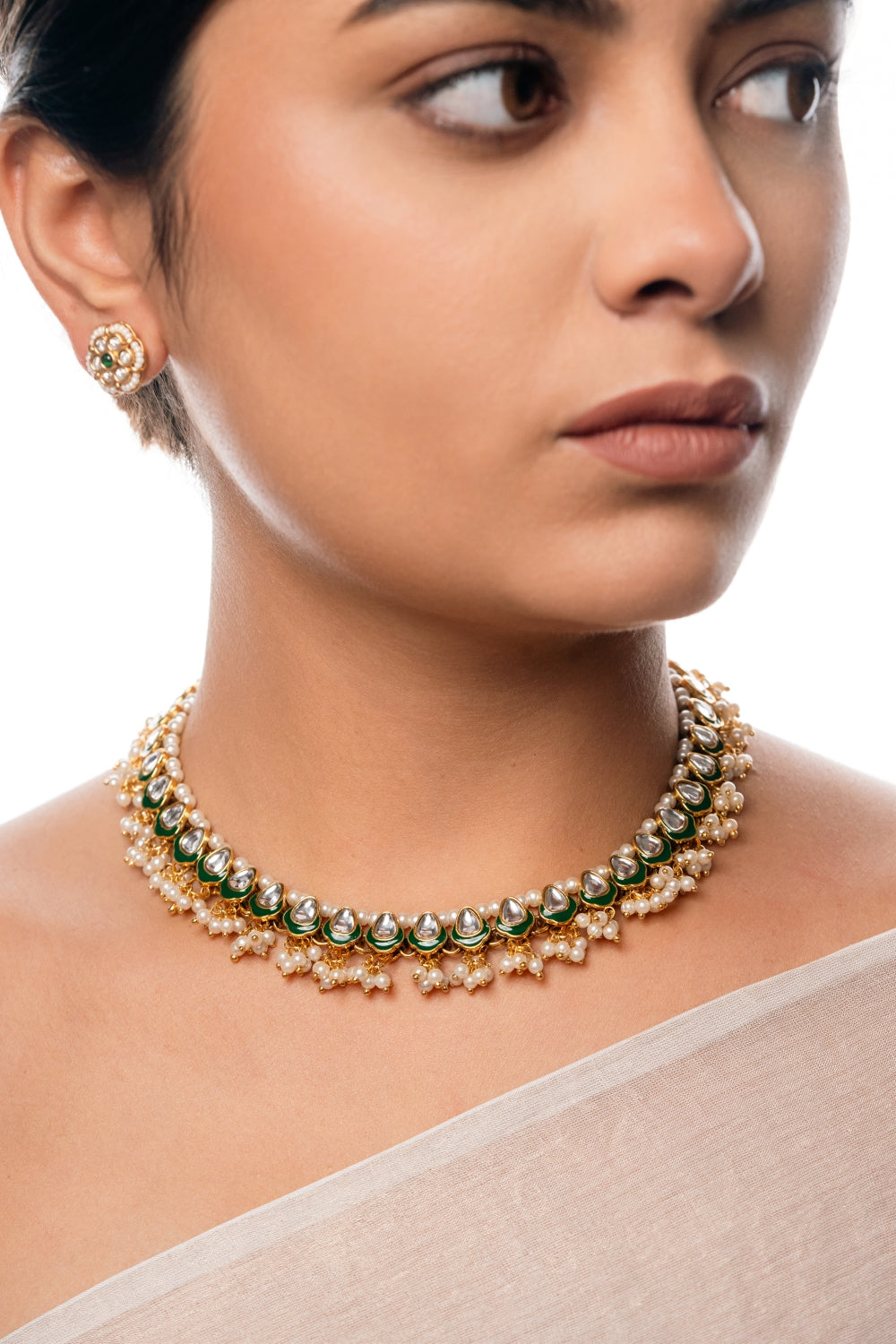 Oval Shape Kundan Green Choker Necklace