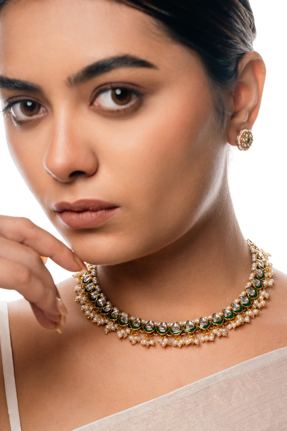 Oval Shape Kundan Green Choker Necklace