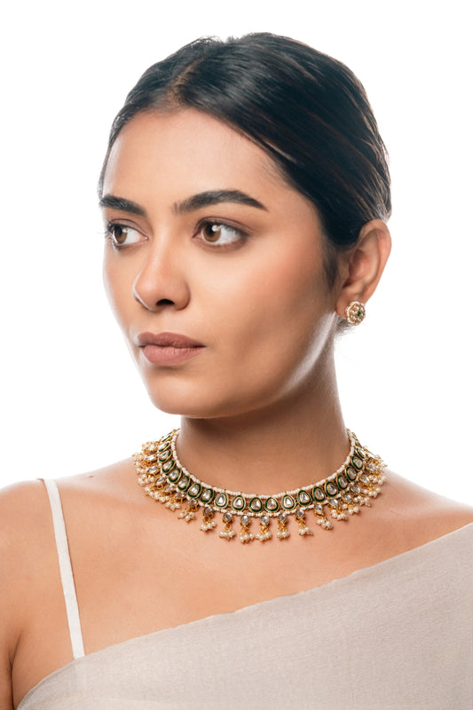 Regal Green Enamel Kundan Choker Necklace with White Pearls