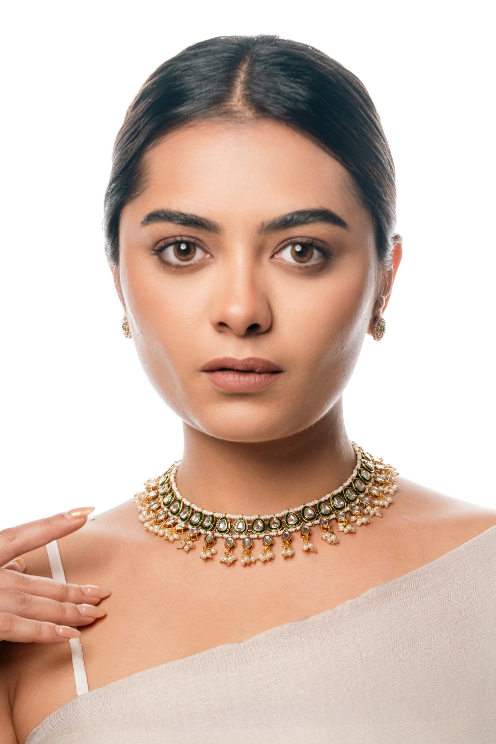 Regal Green Enamel Kundan Choker Necklace with White Pearls