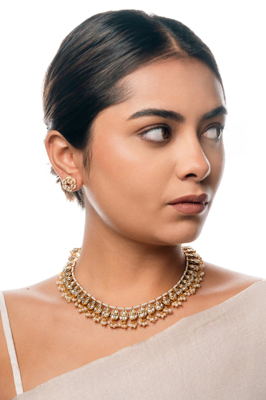 Teardrop Radiant  Kundan Choker Necklace with White Beads