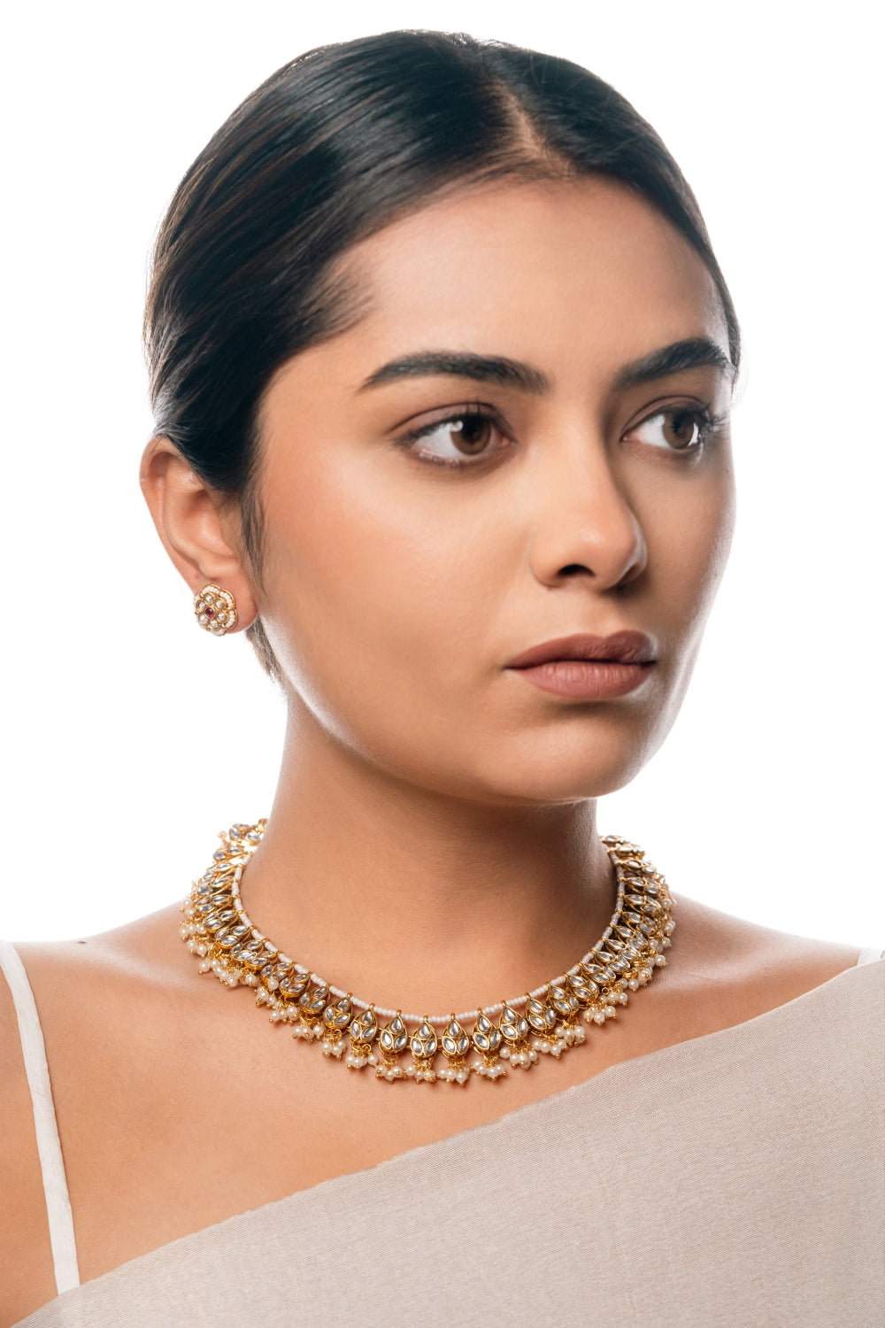 Teardrop Radiant  Kundan Choker Necklace with White Beads