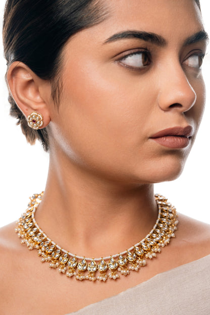 Teardrop Radiant  Kundan Choker Necklace with White Beads