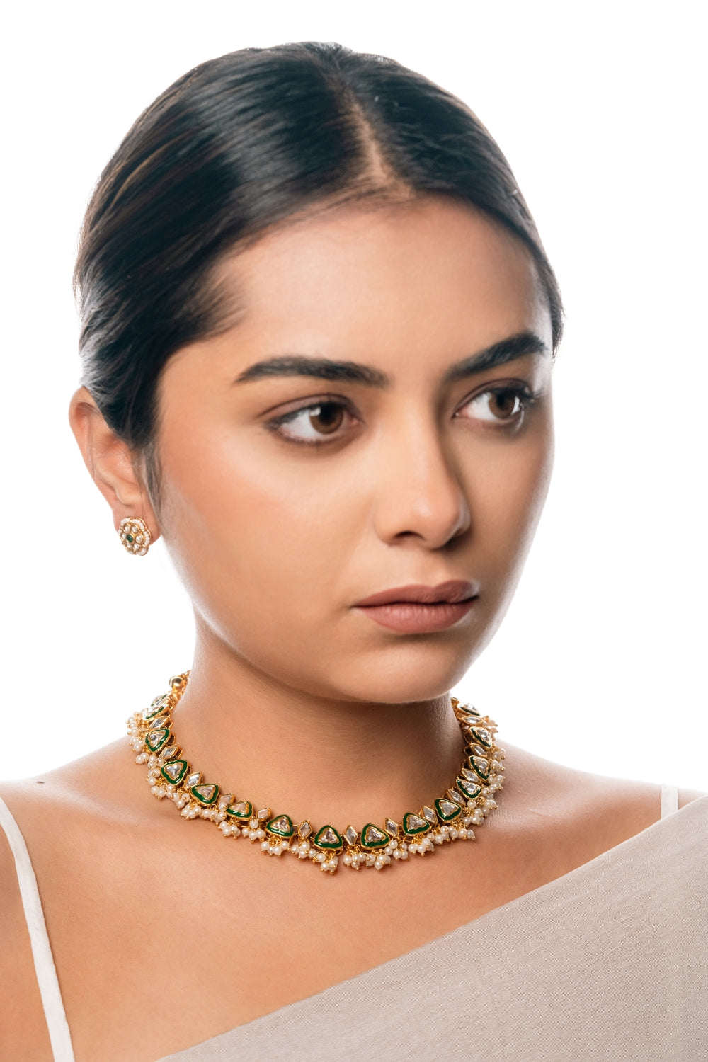 Tri-Kundan Green Choker Necklace