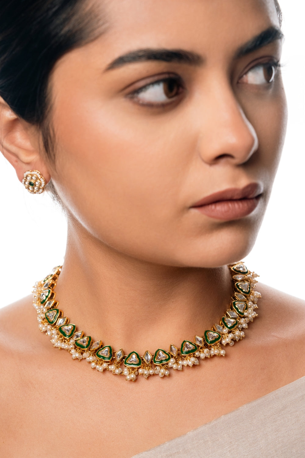 Tri-Kundan Green Choker Necklace