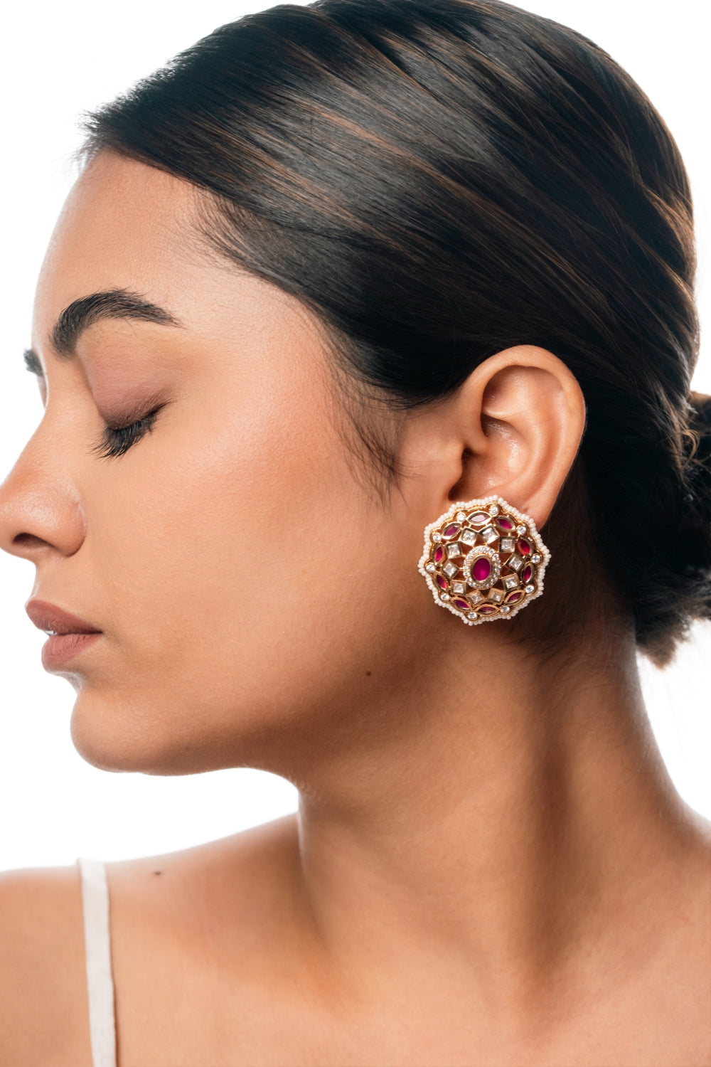 Magenta Pink Kundan Stud Earrings with White Beads