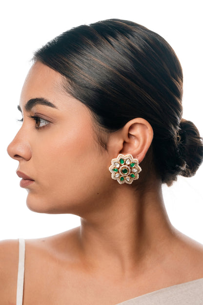 Gold-Plated Floral Kundan Stud Earrings with Polki Diamonds