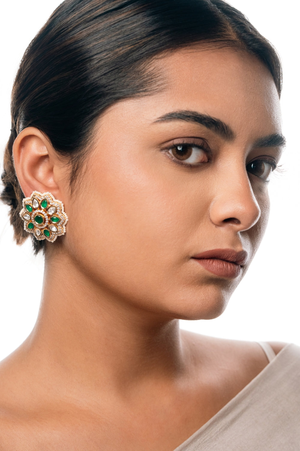 Gold-Plated Floral Kundan Stud Earrings with Polki Diamonds