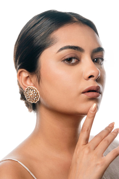 Elegant Floral Kundan Stud Earrings with Zircon Stones and White Beads