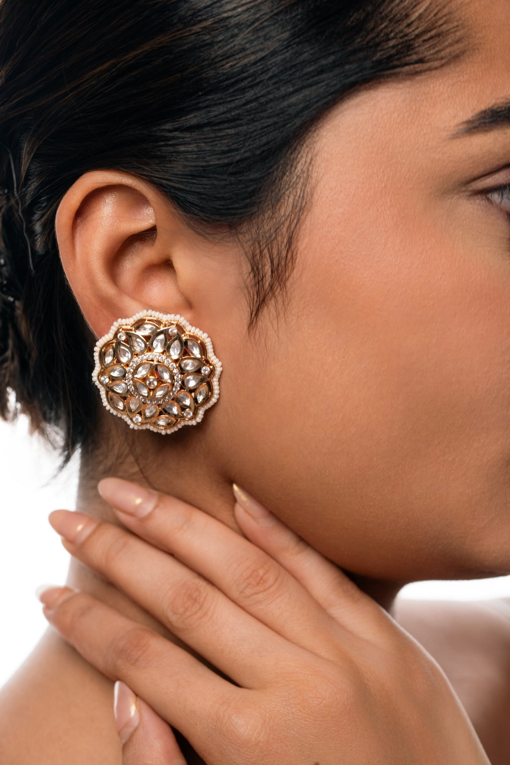 Elegant Floral Kundan Stud Earrings with Zircon Stones and White Beads