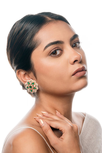 Gold-Plated Floral Kundan Stud Earrings with Polki Diamonds