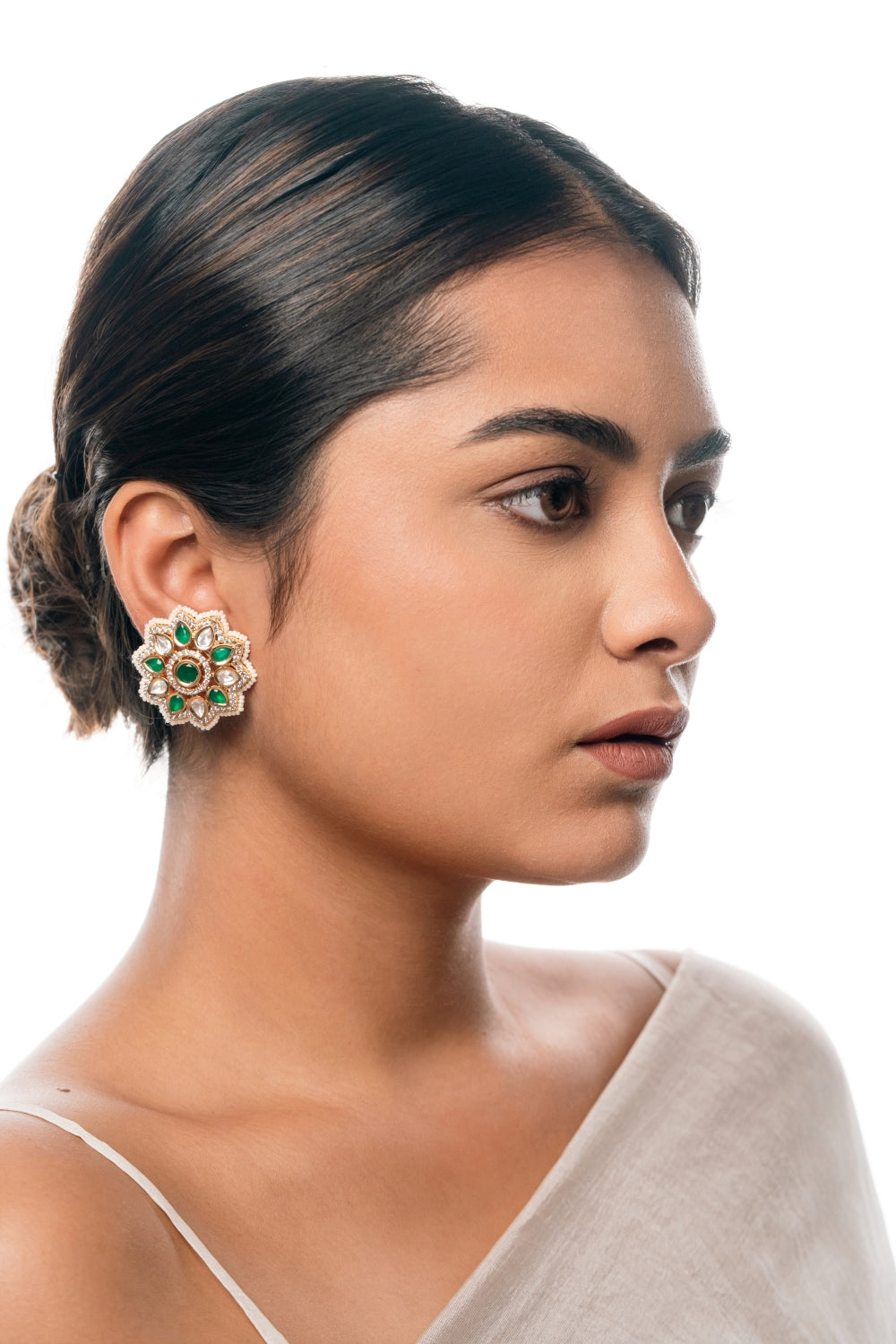 Gold-Plated Floral Kundan Stud Earrings with Polki Diamonds