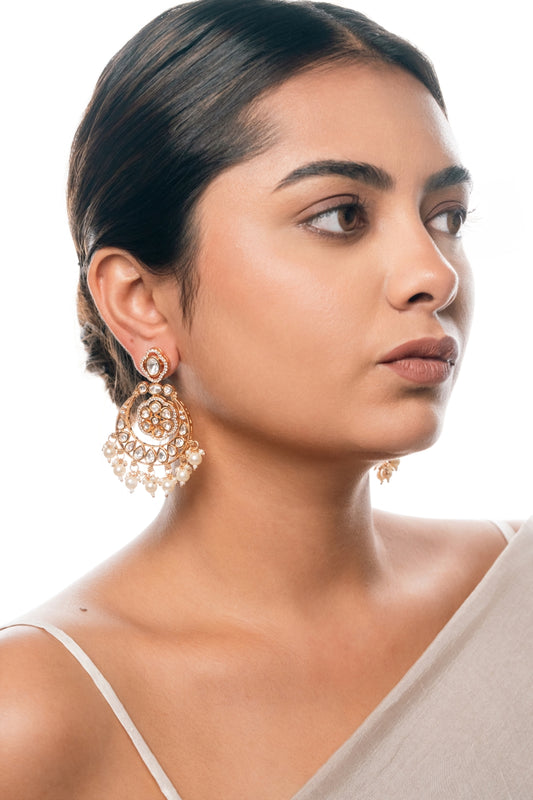 Kundan Chandbali Earrings – Gold-Toned with Polki Stones & White Beads