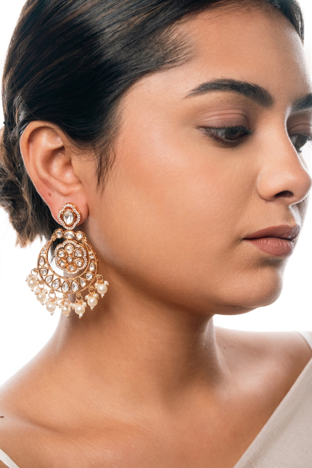 Kundan Chandbali Earrings – Gold-Toned with Polki Stones & White Beads