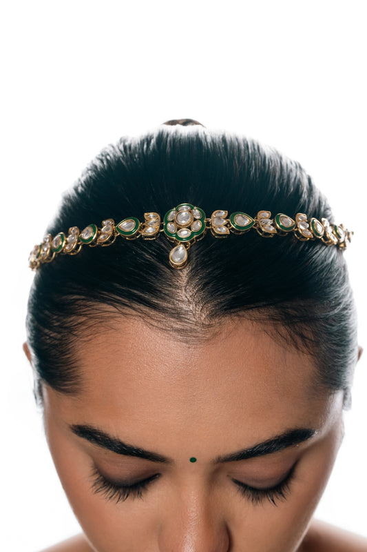 Green Floral Kundan Matha Patti with Dazzling Stones