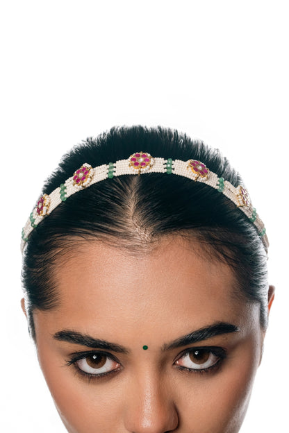 Pink Flower Matha Patti with White Beads for a Statement Look