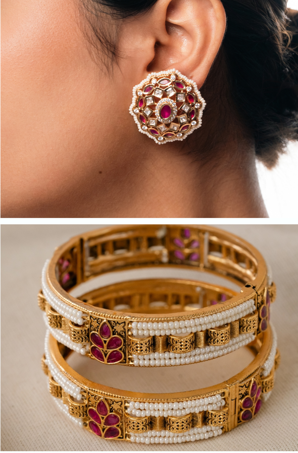 Magenta Kundan Earrings & Gold Pearl Bangles Set