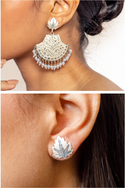 Ethereal Silver Duo: Akhnoor & Kashmiri Leaf Studs