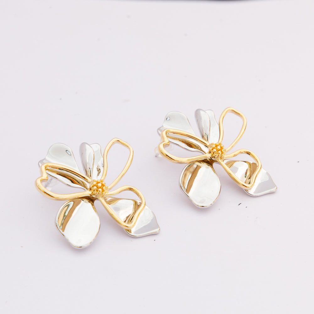 Contemporary Gold and Silver Flower Stud Earrings