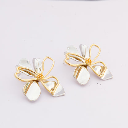 Contemporary Gold and Silver Flower Stud Earrings