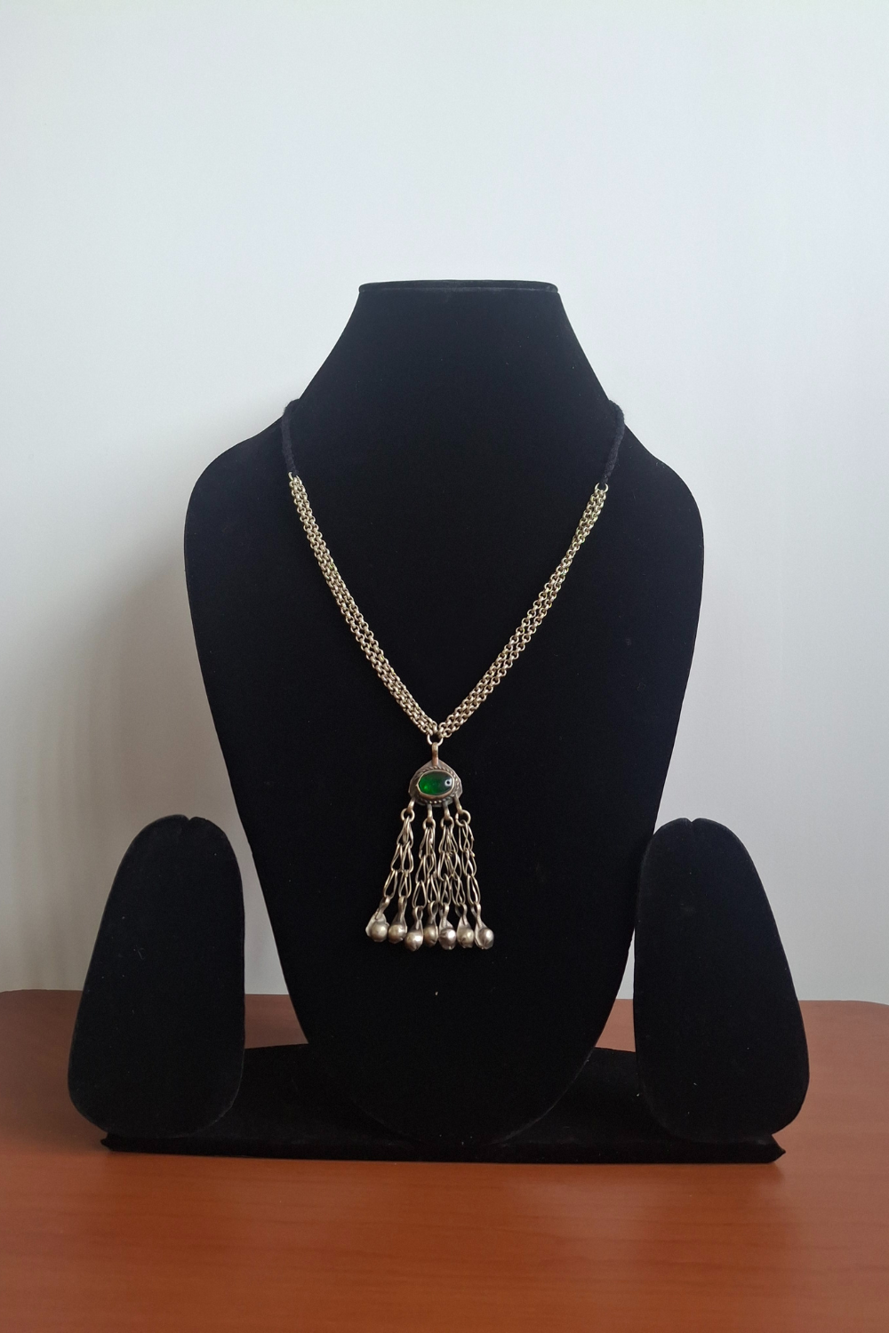 German Silver Green Stone Sleek Choker – Handcrafted Minimalist Necklace with Tassel Drop
