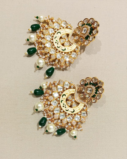 Handcrafted Kundan Earrings with Pearl & Emerald Drops