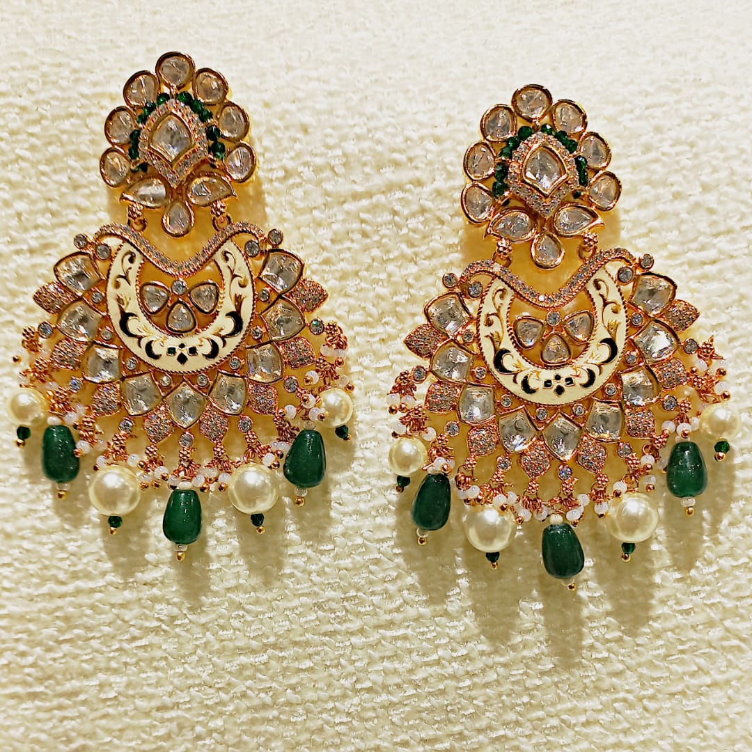 Handcrafted Kundan Earrings with Pearl & Emerald Drops