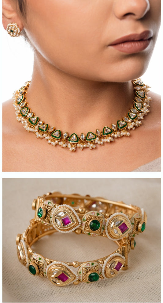 The Perfect Duo: Brass Bangle & Kundan Green Choker