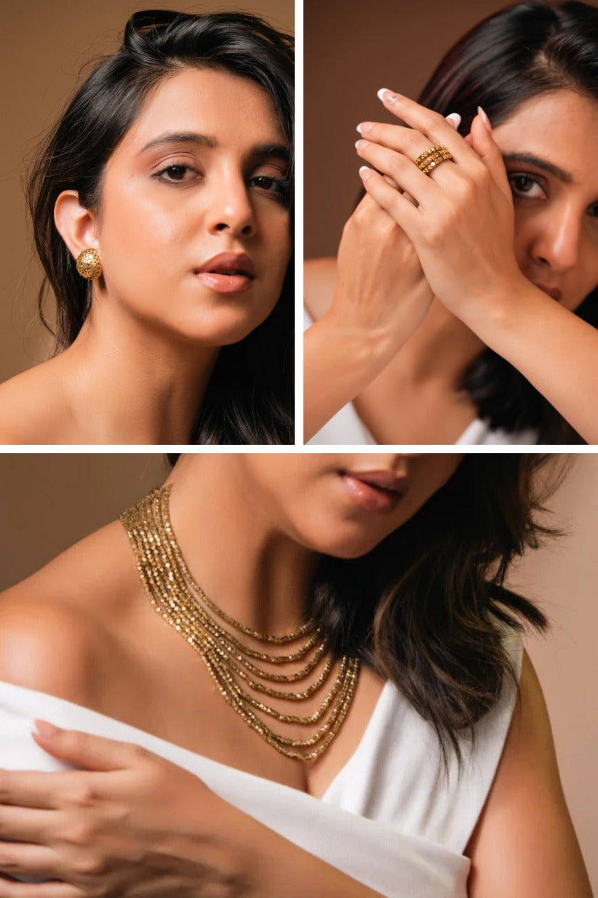 Ruhi Brass Combo – 7 Layered Necklace, Stud Earrings & Ring