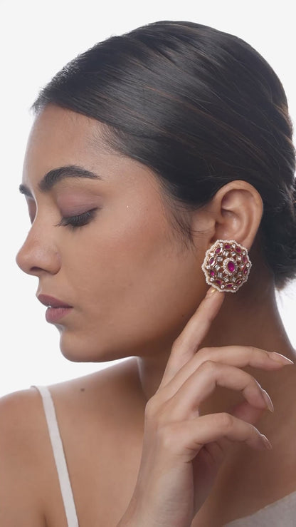 Magenta Pink Kundan Stud Earrings with White Beads