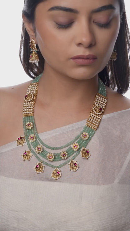 Mint Green Beaded Necklace Set with Gold-Plated Earrings